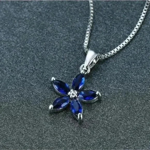 Sterling Silver 925 Blue Sapphire Flower Pendant Necklace - Picture 3 of 5
